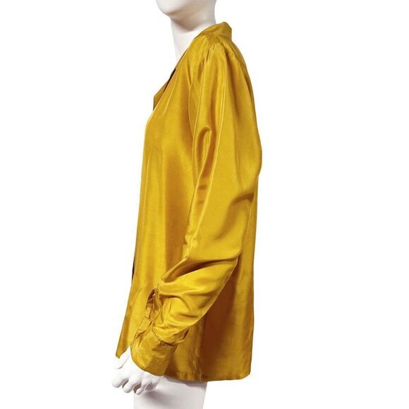 Vintage Mustard Silk Button Front Shirt Bow Details Daniel Caron Size S Small - Picture 4 of 9